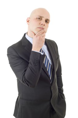 düşünme, üzerinde beyaz izole genç iş adamı