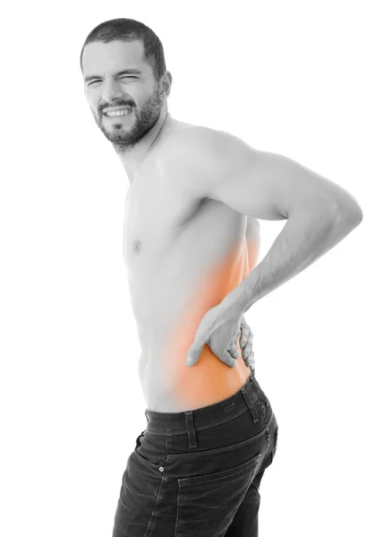 Задний вид молодого человека, держащего спину от боли, изолированный — стоковое фото