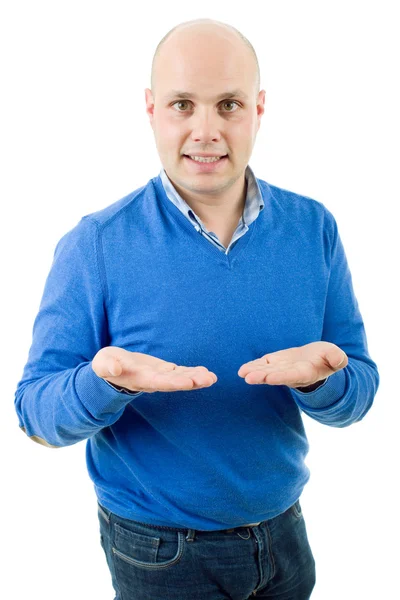 Young man showing his palms, isolated on white background — Stock Photo, Image