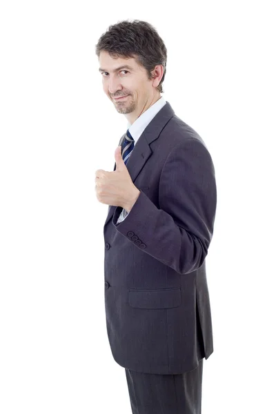Молодой бизнесмен делает большой палец вверх, изолированный на белом — стоковое фото