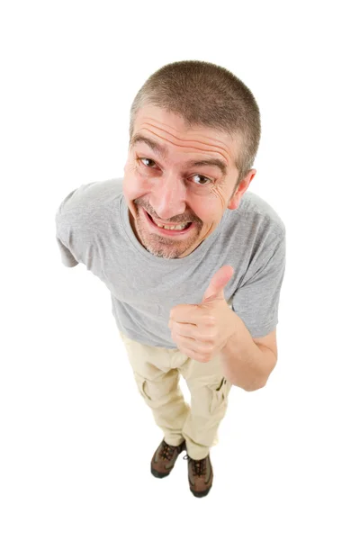 Geek silly man full length going thumb up, isolated — Stock Photo, Image