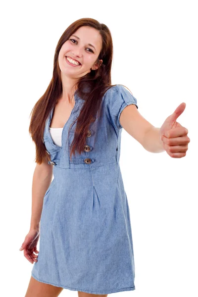 Portret van schattige tiener meisje duimen opdagen, geïsoleerd op witte achtergrond — Stockfoto