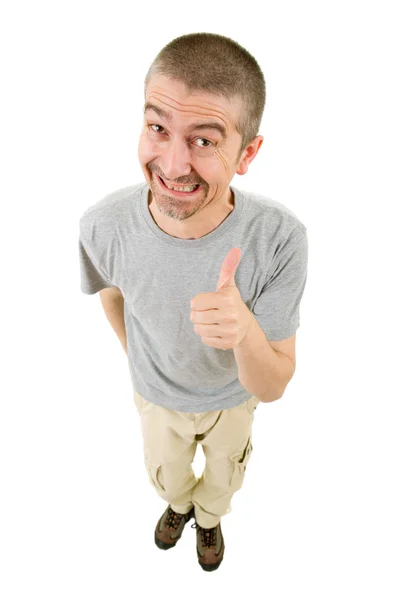 Geek silly man full length going thumb up, isolated — Stock Photo, Image