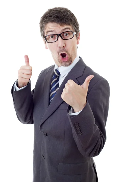 Silly business man going thumb up, isolated on white — Stock Photo, Image