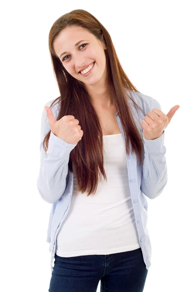 Retrato de bonito teen menina mostrando polegares para cima, isolado no branco fundo — Fotografia de Stock
