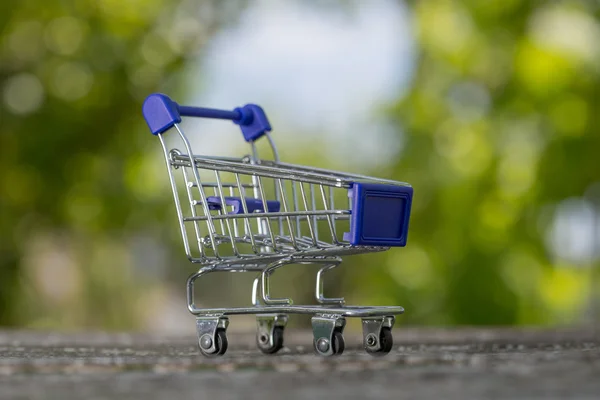 Carrinho de compras pequeno, quadro de estúdio em uma mesa de madeira — Fotografia de Stock