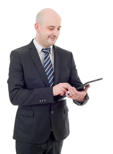 Jeune homme d'affaires avec une tablette pc, isolé — Photo