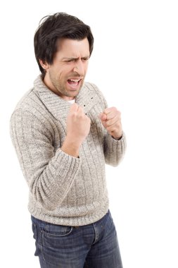 mutlu genç adam Kollarını açarak, beyaz arka plan üzerinde izole kazanmak