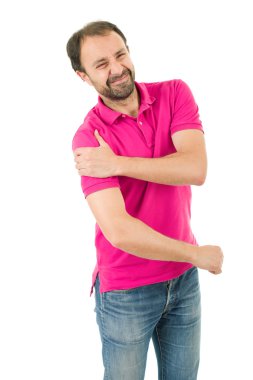 Beyaz adam portre studio izole beyaz arka plan üzerinde kol ağrısı ile