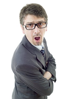 genç iş adamı sürpriz üzerinde beyaz izole