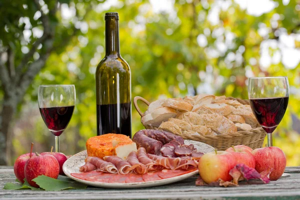 Country life setting with wine, fruits, cheese and meat. Outdoor — Stock Photo, Image