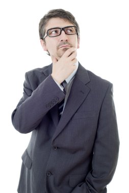 düşünme, üzerinde beyaz izole genç iş adamı