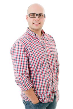 casual adam beyaz zemin üzerine izole mutlu