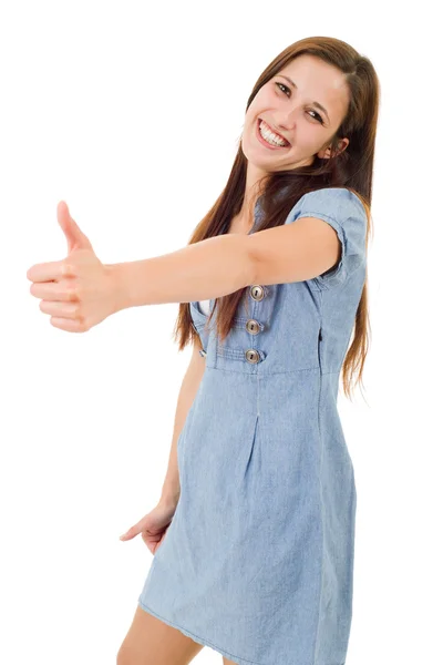 Portrait of cute teen girl showing thumbs up, isolated — Stock Photo, Image