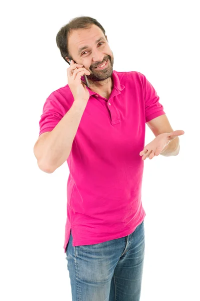 Jeune homme heureux occasionnel au téléphone, isolé — Photo