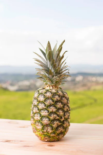 Fruta Fresca Piña Una Mesa Madera Aire Libre — Foto de Stock