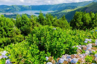 Portekiz 'in Azores adasındaki Sao Miguel adasında volkanik bir krater gölü olan Sete Cidades Gölü manzarası.