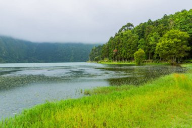 Sete Cidades Gölü 'nün sisli manzarası Sao Miguel Adası, Azores, Portekiz' deki volkanik bir krater gölü.