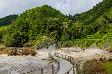 Furnas: Furnas Gölü 'ndeki volkanik kalderalar, lagoa das Furnas kıyısındaki kaplıcalardan ve fümerollerden gelen buhar