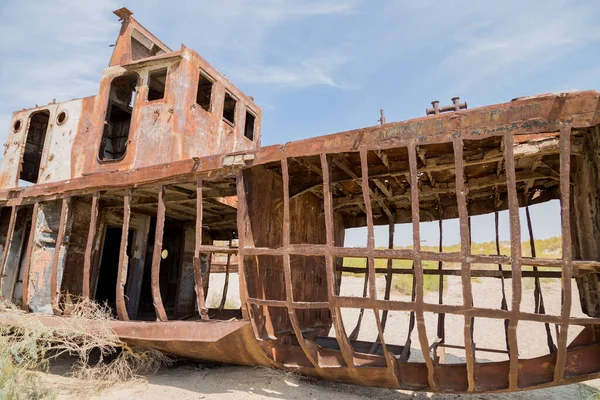 Moynaq Moynoq Muynak Aral Sea Aral Lake Uzbekistan Central Asia附近沙漠上船舶坟场上的船细节 — 图库照片