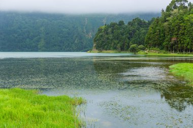 Sete Cidades Gölü 'nün sisli manzarası Sao Miguel Adası, Azores, Portekiz' deki volkanik bir krater gölü.
