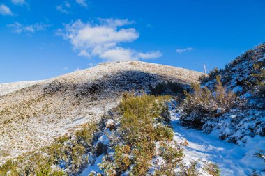 Portekiz 'deki Serra do Geres doğal parkında karlı kış manzarası.
