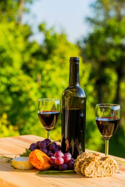 şarap şişesi, üzüm, peynir ve ekmek, ahşap masa, açık hava