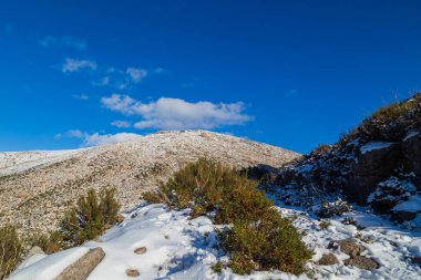 Portekiz 'deki Serra do Geres doğal parkında karlı kış manzarası.