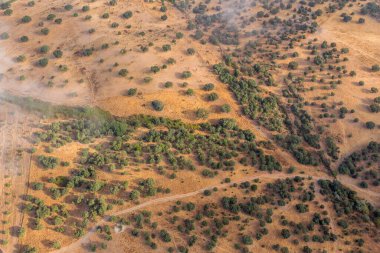 Alentejo bölgesinin sıcak hava balonu manzarası, tarlaların üstünde. Portekiz.