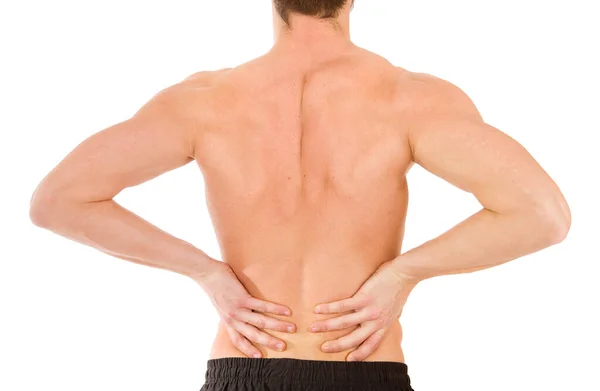 Young Man Holding Back Pain Bone Spine White Background — Stock Photo, Image