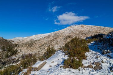 Portekiz 'deki Serra do Geres doğal parkında karlı kış manzarası.
