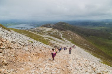 Croagh Patrick Dağı 'ndaki patika, kayalar ve bitki örtüsü Westport, İrlanda
