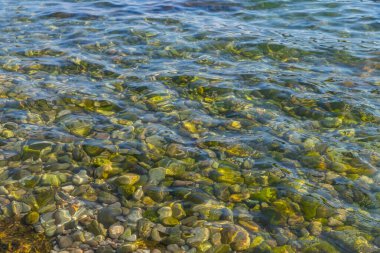 Kristal berrak su, Sicilya 'daki Isola Bella plajında hafif dalgalanmaların altında renkli çakıl taşlarını ortaya çıkarıyor.