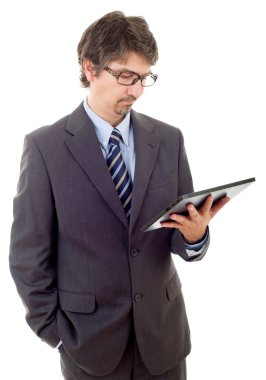 Dokunmatik tablet bilgisayarı kullanan işadamı, izole