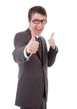 Yaşasın, izole üzerinde beyaz olacak genç iş adamı