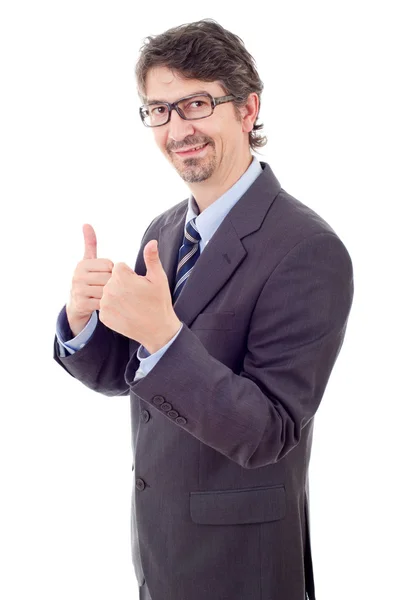 Jovem homem de negócios indo polegar para cima, isolado em branco — Fotografia de Stock