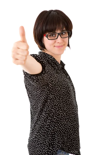 Jovem mulher bonita feliz indo polegar para cima — Fotografia de Stock