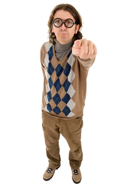 Geek dumma lärare full längd pekar, isolerade — Stockfoto
