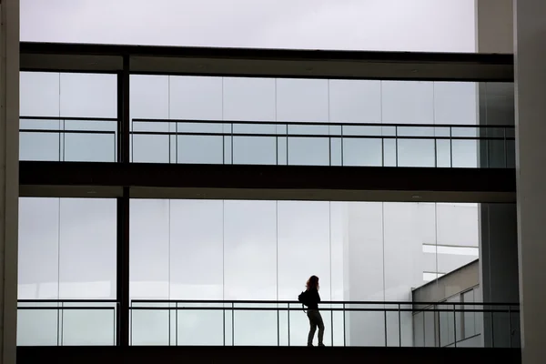 Vista de la silueta de la joven empresaria en un moderno edificio de oficinas interior —  Fotos de Stock