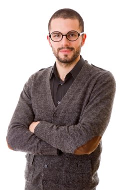 Genç, mutlu, sıradan bir erkek portresi, beyaz tenli.