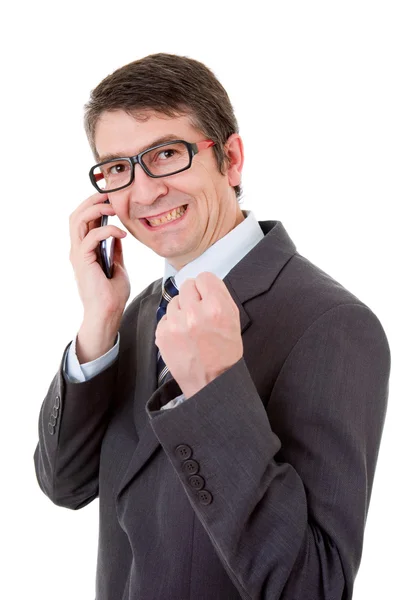 Biznesmen wygrywając w telefonie, na białym tle — Zdjęcie stockowe