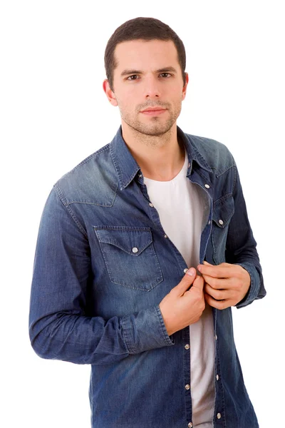 Retrato de hombre casual feliz joven, aislado en blanco — Foto de Stock