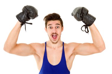 Beyaz arka plan üzerinde izole siyah boks eldivenli adam.