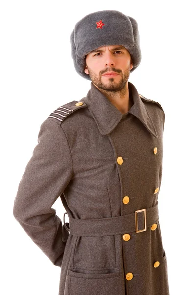 Młody mężczyzna ubrany jak rosyjski wojskowy, studio Zdjęcia — Zdjęcie stockowe