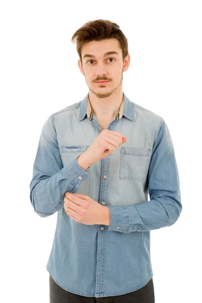 Retrato de hombre casual feliz joven, aislado en blanco —  Fotos de Stock