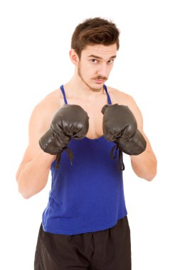 adam beyaz arka plan üzerinde izole siyah boks eldivenli Delme.