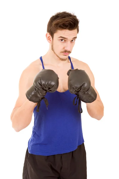 Man punching with black boxing gloves isolated on white background. — Stock Photo, Image