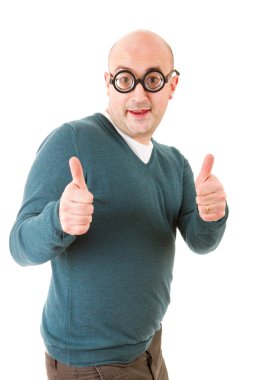 Yaşasın, izole üzerinde beyaz arka plan geek adam