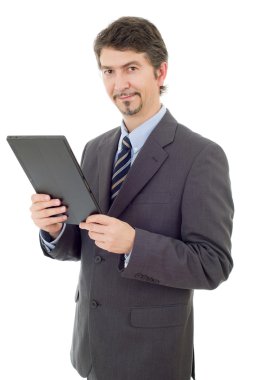 Dokunmatik tablet bilgisayarı kullanan işadamı, izole