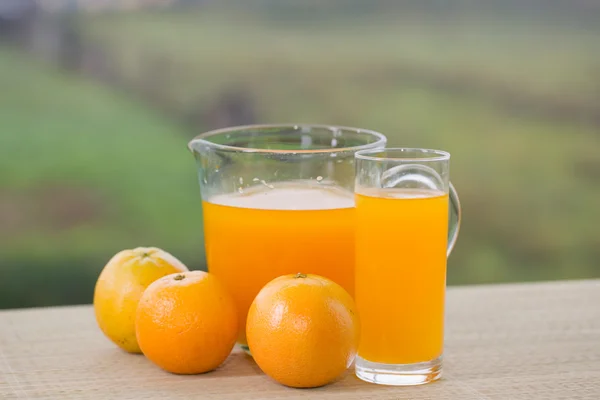 정원에 놓인 맛있는 오렌지 주스 한잔과 탁자 위에 놓인 오렌지 — 스톡 사진